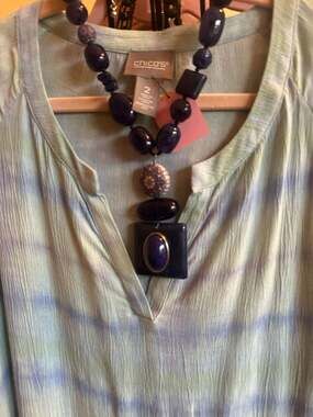 Chico's Purple Beaded Statement Necklace with Geometric Pendant